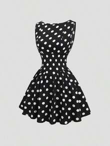 Vestido casual de mujer con cuello de barco, sin mangas, con estampado de cuadros, espalda descubierta, contraste de color, lazo en la cintura y silueta evasé, para primavera/verano - Negro - Ver 7