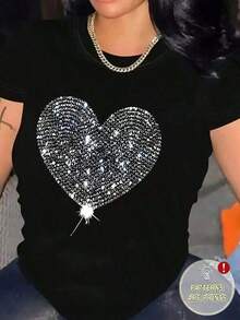 Camiseta de algodón 100% con estampado de corazón y pedrería, cuello redondo, corte holgado informal, manga corta, ideal para el verano, tejido de punto, tallas S-7XL para mujer, perfecta para citas, actividades al aire libre y uso casual, presenta un estilo clásico americano.Transpirable y cómodo - Negro - Ver 2