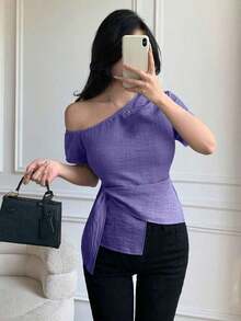 Blusa casual elegante de hombros con nudo, de corte slim para mujeres - Morado - Ver 5