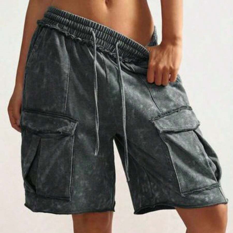 Women's Casual Drawstring Waist Cargo Pocket Loose Shorts - Verde militar - Ver 1