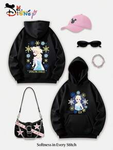 Disney Frozen Elsa Y2K Pattern Hoodie, Double-Sided Snowflake Print Hooded Top, Loose Fit, Versatile, Perfect For Holiday Gifts. (Women's Autumn/Winter Clothing/Elegant Women's Outfits/Patterned Hoodies/Printed Tops/Casual Outfits For Women/Women Trending Now/Holiday Co-Ord/Plus Size Friendly) - màu đen - Xem 1