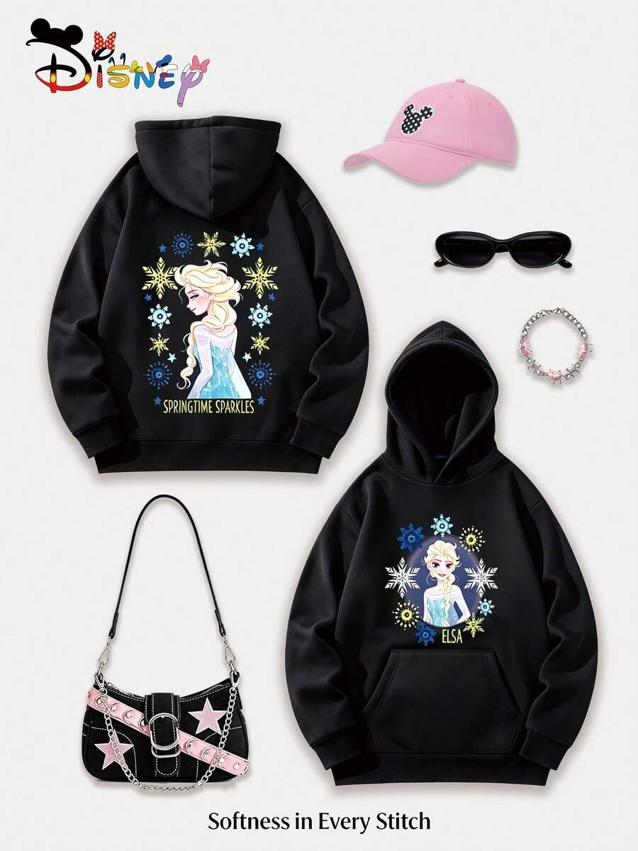 Disney Frozen Elsa Y2K Pattern Hoodie, Double-Sided Snowflake Print Hooded Top, Loose Fit, Versatile, Perfect For Holiday Gifts. (Women's Autumn/Winter Clothing/Elegant Women's Outfits/Patterned Hoodies/Printed Tops/Casual Outfits For Women/Women Trending Now/Holiday Co-Ord/Plus Size Friendly) - màu đen - Xem 1