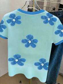 Camiseta casual de mujer con estampado de oso a rayas, verano - Azul - Ver 2