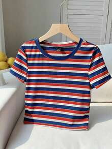 Camiseta ajustada de punto a rayas de colores amarilla para mujer - Multicolor 2 - Ver 4