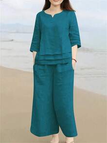 Conjunto de 2 piezas de top ajustado de manga media con cuello en V y pantalones largos de lino, casual, para primavera/verano/otoño/invierno - Azul - Ver 3