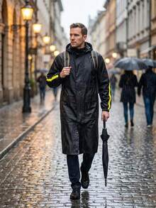 1件裝戶外騎行配色長版雨衣，男款輕量一體式連帽長版雨衣附收納袋，適用於戶外露營、雨天騎行、釣魚、健行、登山 - 彩色 - 查看 15