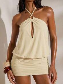 Vestido mini de mujer con estampado de malla de punto y cuello halter, primavera/verano - Albaricoque - Ver 1