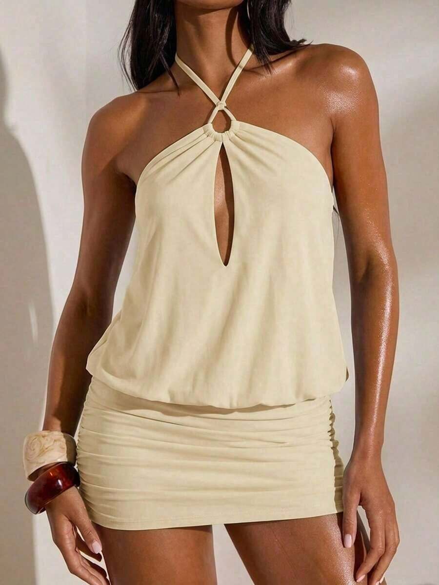 Vestido mini de mujer con estampado de malla de punto y cuello halter, primavera/verano - Albaricoque - Ver 1