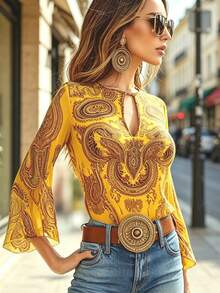 Keyhole Neckline Base Layer Blouse, Decorated With Paisley Pattern, Women's Vacation Wear, All Season Clothing, All Season Commute Summer - Yellow - View 3