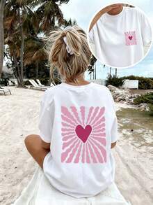 1 Piece Of Short-Sleeved T-Shirt With A Round Neck And Heart And Stripe Print. This Women's Short-Sleeved T-Shirt Features A Casual And Minimalist Style With A Round Neck, A Cute Design, And A Relaxed Fit, Making It Ideal For Everyday Wear And Vacations. Summer. 100% Cotton. - 白色 - 查看 7