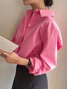 Camisa holgada de mujer de unicolor, de manga larga y de abotonadura sencilla - Rosa Fucsia - Ver 3