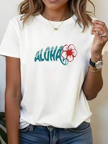 Talla Grande, Camiseta de Talla Grande, Estilo Vacaciones Hawaianas con Estampado Floral de Hibisco ALOHA, Camiseta Blanca de Manga Corta con Cuello Redondo, Lavable a Máquina, Estilo Casual, Ajuste Cómodo, Diseño Moderno, Versátil para Uso Diario, Tela Suave, a la Moda - Blanco - Ver 1