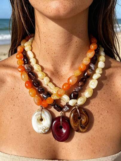 1pc Or 3pcs Bohemian White/Red/Brown Floral Print Large Pendant Beaded Necklace, Handmade Mermaid Color Tone Pendant Braided Chain Necklace, Multiple Styles Available, Suitable For Fashionable, Perfect, Sexy Ladies To Wear For Vacation, Party, Beach