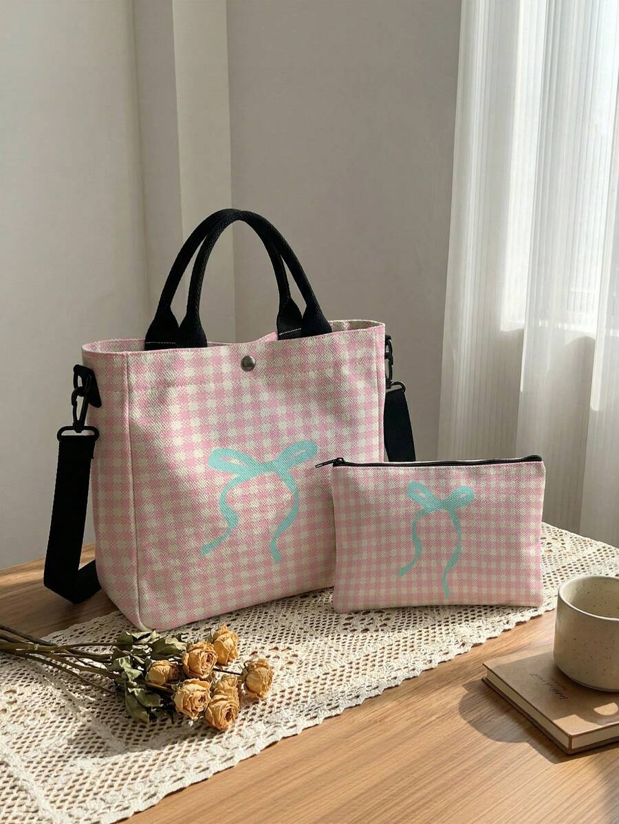 Random Pattern Tote Bag With Matching Pouch, Lightweight Shoulder Bag, Handbag, Suitable For Commuting, Shopping, Students, Fashion Bag, Great Gift Choice - Multicolor - View 1