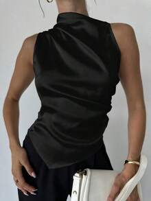 Camisa de satén con cuello plisado, sin mangas, elegante y sencilla, con dobladillo entallado, para oficina, en color beige - Negro - Ver 2