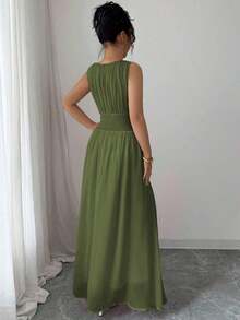Vestido maxi casual, romántico, vintage y elegante de gasa para mujer con cordón en la cintura, para la playa, el té de la tarde, fiestas de noche, uso diario, sin mangas, de unicolor, vestido largo, primavera/verano - Verde militar - Ver 2