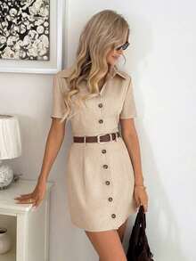 Vestido camisero de mujer de manga corta con rayas - Verde - Ver 3