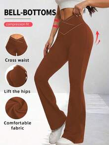 Pantalones acampanados con cintura cruzada para mujer, pantalones deportivos y de yoga de unicolor de poliéster de alta elasticidad, pantalones casuales largos con cintura cruzada, mallas ajustadas de unicolor para entrenamiento, pantalones de pierna ancha de tejido de punto adecuados para fitness y uso casual, negro, primavera - Marrón - Ver 3