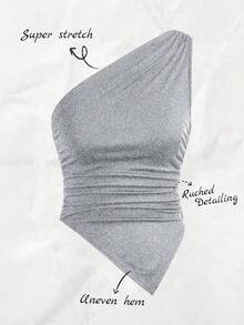 Blusa de verano casual y de vacaciones para mujer, minimalista, de unicolor, con pliegues, ajustada, con bajo asimétrico, top de un hombro, top de un hombro XXS para mujer, negro fruncido, body suit tops, tops, top de un hombro negro - Gris - Ver 6