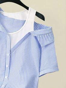 Camisa de mujer casual de manga corta raglán a rayas texturizada azul y blanca, de verano - Multicolor - Ver 4