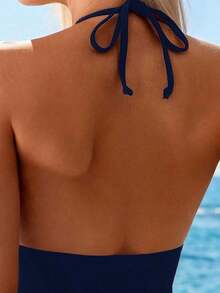 Swim Lushore Traje de baño de una pieza sexy para mujer con decoración metálica, diseño de escote en V y empalme transparente, adecuado para vacaciones en la playa - Azul marino - Ver 5