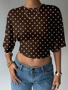 Blusa de verano para mujer con diseño de manga murciélago, cuello redondo, fruncido y estampado floral de tinte de agua en tonos cálidos, ideal para playa/vacaciones, un look casual, minimalista y elegante - Marrón 2 - Ver 3