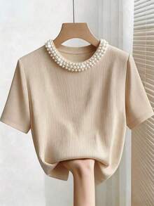 Camiseta de manga corta con cuello redondo ajustado, con cuentas y acanalada, elegante para mujeres - Albaricoque - Ver 5