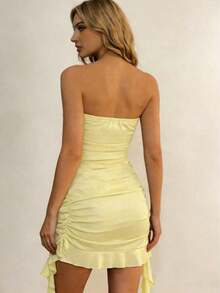 Elegante vestido ajustado de color vino tinto con cuello halter, con diseño asimétrico y fluido, perfecto para fiestas, vacaciones en la playa, festivales de música, salidas y citas, vestido ajustado de verano para mujer, vestido de fiesta para mujer - amarillo ganso - Ver 2