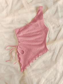 Camiseta de tirante único de punto jacquard texturizado de color beige para mujer, adecuada para fiesta, cita, Día de San Valentín, Pascua, carnaval, té de la tarde, playa, crucero, vacaciones en la ciudad - Rosa - Ver 2