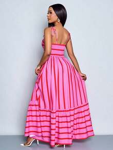 Vestido largo de estilo fluido y con rayas, con tirantes y detalles de recogido en el pecho, adecuado para vacaciones, playa, viajes y uso casual, elegante vestido (Floral aleatorio) - Rosa - Ver 2