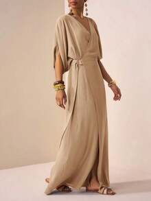 Vestido maxi fluido de lino amarillo-verde con escote en V, manga corta, cinturón y decoración metálica, para uso en primavera/verano 2026, festivales de música, Pascua, Día de San Patricio, San Valentín, citas, estilo occidental, nómada, fiestas de cumpleaños, graduaciones, universidad, estudiantes, uso diario, básico a juego, casual, vacaciones, cruceros, playa, tomar el sol, virales, ropa urbana, invitados de boda, ir y venir, brunch, aeropuerto, fiestas, salidas festivas, oficina - Blanco - Ver 4