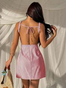 Vestido mini sin espalda y sin mangas con rayas azules tejido para mujeres - Rojo y blanco - Ver 2