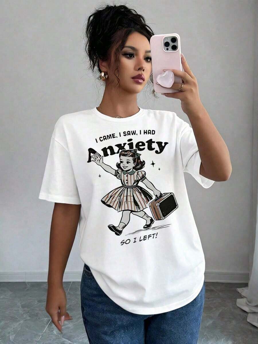 Camiseta con Estampado Gráfico Vintage | Camiseta Casual de Manga Corta y Cuello Redondo para Verano y Primavera, Ropa de Mujer Adecuada para primavera, verano y otoño. - Blanco - Ver 1