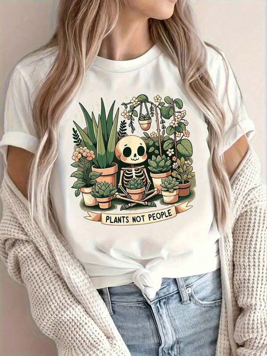 Camiseta vintage de mujer con estampado gótico botánico - Pls no personas, esqueleto uculenta, camiseta de cuello redondo de manga corta elástica en negro con diseño de cactus y calavera, blusa casual retro para amantes de las pls