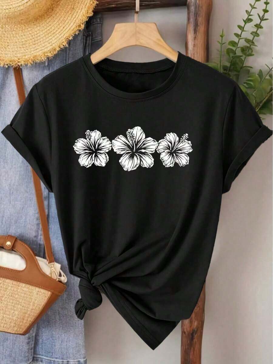 Women's Elegant Vintage Blouse, Short Sleeve, Hibiscus Print, Round Neck, Ideal For Spring And Summer, Versatile Casual Fashion For Travel And Daily Wear, Elegant Retro Style. - 黑色 - 查看 1