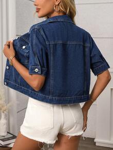 Retro Slim Fit Short Sleeve Denim Jacket Casual Summer - Dark Wash - View 6