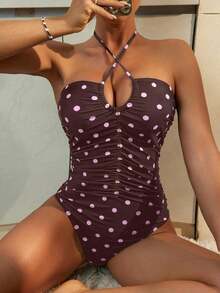 Traje de baño de una pieza con volantes y lunares negros para mujer, ideal para vacaciones en la playa, de la marca Swim Chiccia, sexy y con lazo. - Marrón Mocha - Ver 3