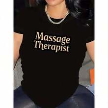 1 pieza de camiseta negra de manga corta para masajista, hecha de tela de poliéster duradera, cómoda y ligera, ideal para spa, salón o uso doméstico, aspecto profesional con diseño de texto llamativo, 100% algodón. - Negro - Ver 2