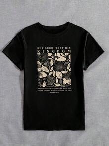 Camiseta de manga corta informal con estampado combinado de letras del alfabeto y flores para el verano, CON PERO BUSCA PRIMERO SU REINO Y SU JUSTICIA, Y TODAS ESTAS COSAS TE SERÁN AÑADIDAS Mateo 6:33 Camisetas gráficas para mujer-Vintage Street Style Unisexoose Cotton Short Sleeve Crew Neck T-Shirt - Negro - Ver 5