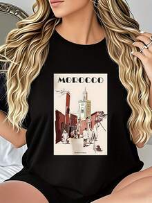 Camiseta de edición limitada para mujer con estampado de escenas callejeras marroquí- Diseño casual transpirable de cuello redondo, inspirada en los viajes, lavable aáquina, ajuste cómodo, top elegante, tela de elasticidad media, estilo moderno, material cómodo, top estampado, excelente opción de regalo, algodón ligero. - Negro - Ver 12