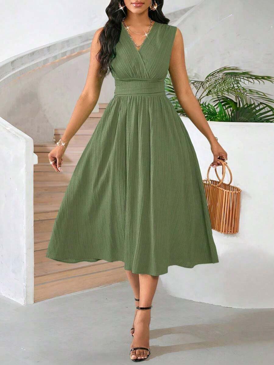 Vestido veraniego sin mangas de mediana longitud para mujer, de tela tejida con textura en color verde - Verde militar - Ver 1