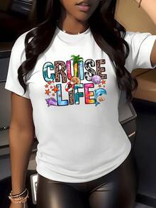 Cruise Life con palmeras caracoles estrellas de mar y conchas que evocan la libertad del océano y la aventura tropical camiseta de mujer casual elegante para verano - Blanco - Ver 1