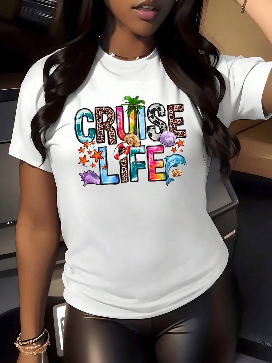 Cruise Life con palmeras caracoles estrellas de mar y conchas que evocan la libertad del océano y la aventura tropical camiseta de mujer casual elegante para verano - Blanco - Ver 1