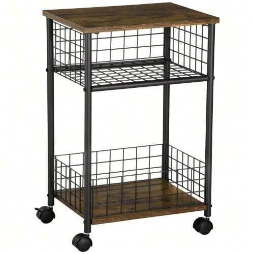 Carrito de cocina/servicio con encimera y 2 cestas de almacenamiento, ruedas giratorias 360°, color marrón rústico, 40x30x62 cm. - Marrón - Ver 1