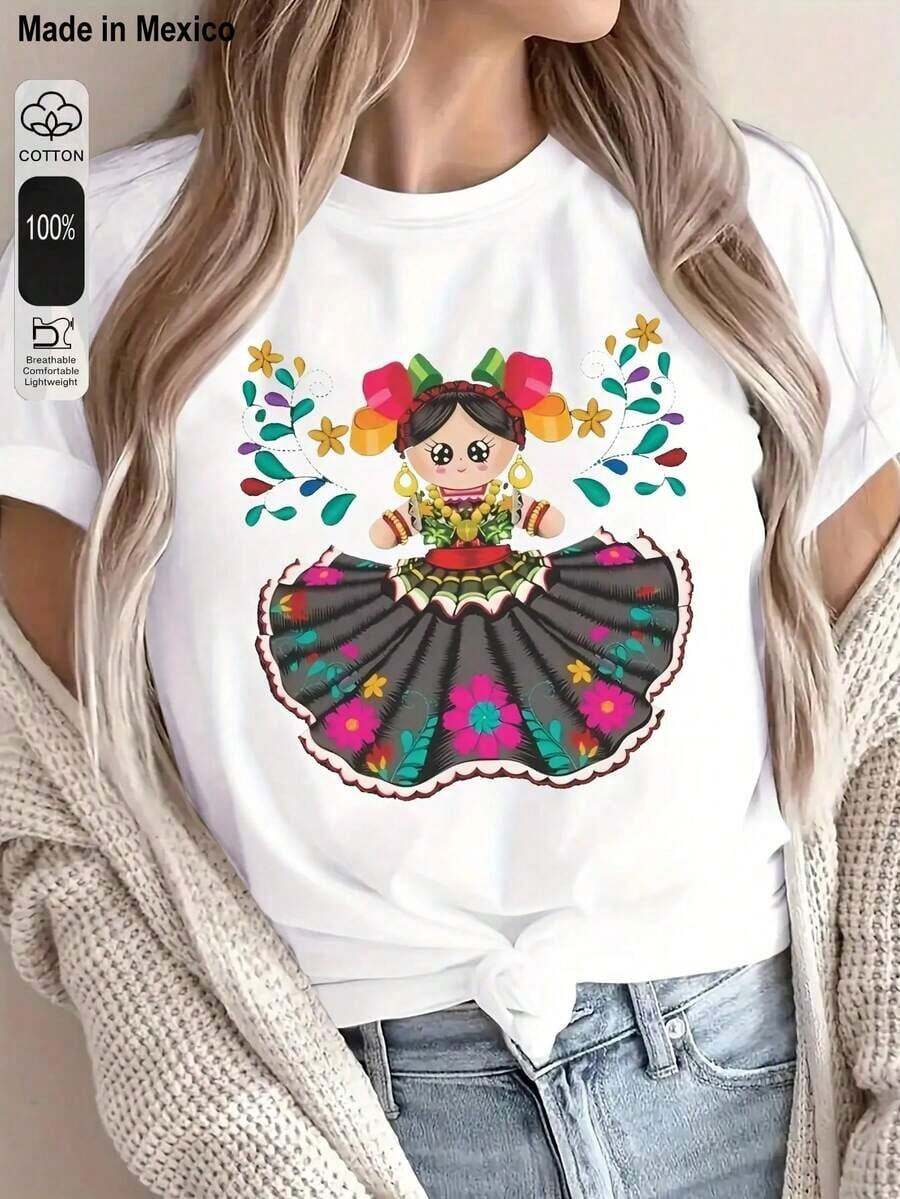 1pscCamiseta Estampada de Estilo Mexicano para Mujeres - Patrones Florales y de Arte Popular Vibrantes, Top de Manga Corta Transpirable con Cuello Redondo, Estilo Casual de Verano de Ajuste Regular, Lavable a Máquina, Tela Medio Elástica100% Cotton - Blanco - Ver 1