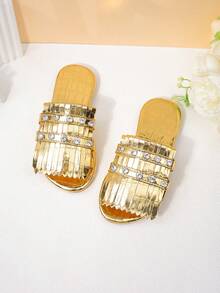 Girl's Retro-Style Rhinestone Fringe Slides, Versatile Outdoor Beach Shoes For Summer - Gold - View 5