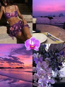 Conjunto de traje de baño de 3 piezas con falda de volantes de múltiples capas con decoración floral romántica misteriosa de color púrpura, de última moda para primavera/verano 2026 para mujer - Multicolor - Ver 3