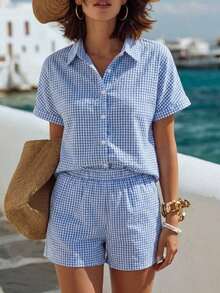 Conjunto informal de dos piezas de camisa a rayas de colores y pantalones cortos, ideal para vacaciones - Azul - Ver 3