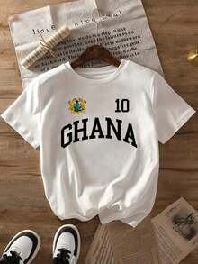 Camiseta de verano para mujer - Diseño estampado del equipo nacional de Ghana, sencilla y cómoda, talla S, camiseta casual de cuello redondo - Estilo vintage urbano, camiseta unisex de algodón holgada de manga corta con cuello redondo - Tops de verano de talla grande, camisetas blancas, camisetas gráficas para mujer, conjuntos para vacaciones tropicales, conjuntos para vacaciones de mujer, conjuntos para conciertos de mujer, conjuntos para el 4 de julio para mujer, 100% algodón. - Blanco - Ver 2