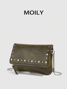 1pc Rivet Design Shoulder Crossbody Square Bag, PU Material, Metal Chain, Zipper Closure, Suitable For Shopping, Dating, Commuting, Party, Gift Giving - Green - View 10